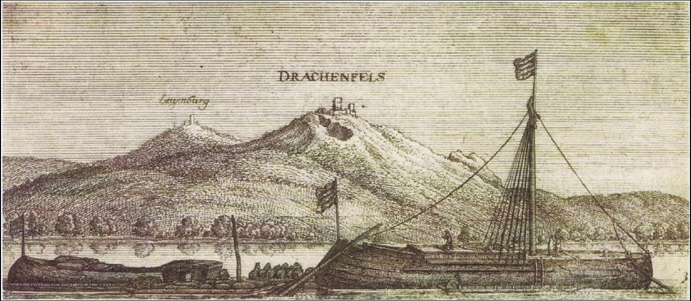 Darstellung des Drachenfelses und der Löwenburg von 1629