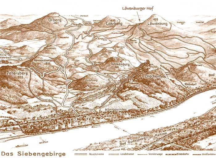 Gezeichnete Panoramakarte des Siebengebirges